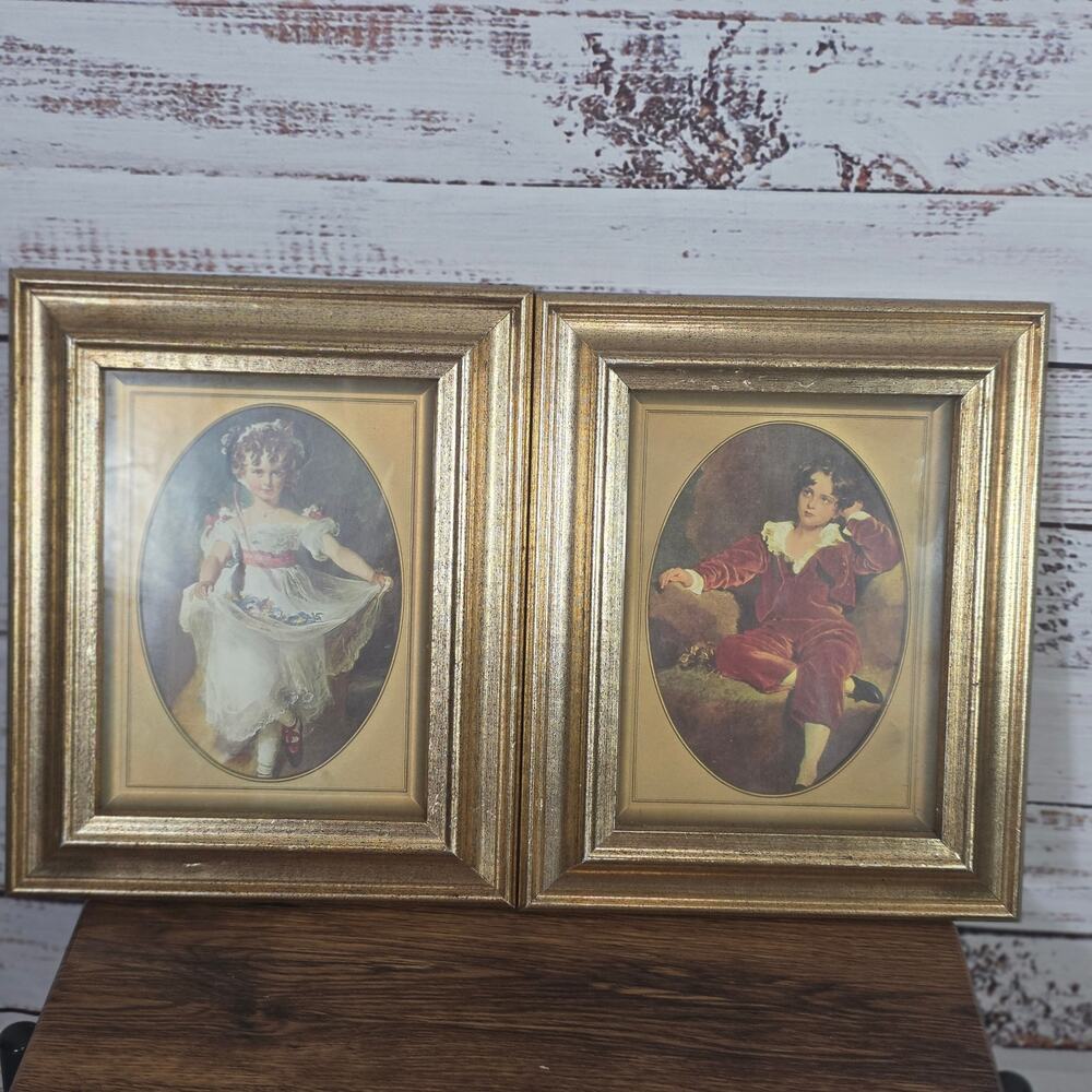 Vintage Victorian Lady Portrait Prints Gold Ornate Frames Set of 2 Wall Art